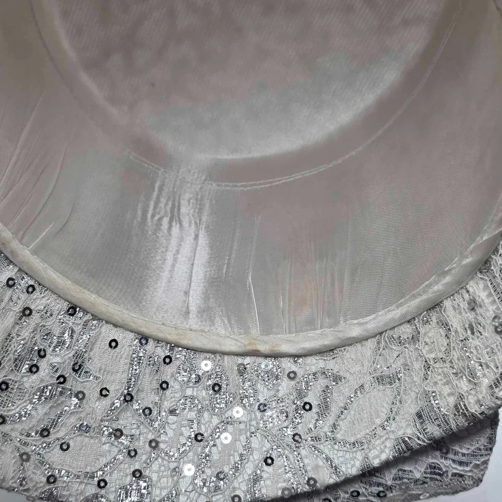 Ms Divine Hat Sun Women's Derby Church Brim Bow Rhinestone Sequin White Silver